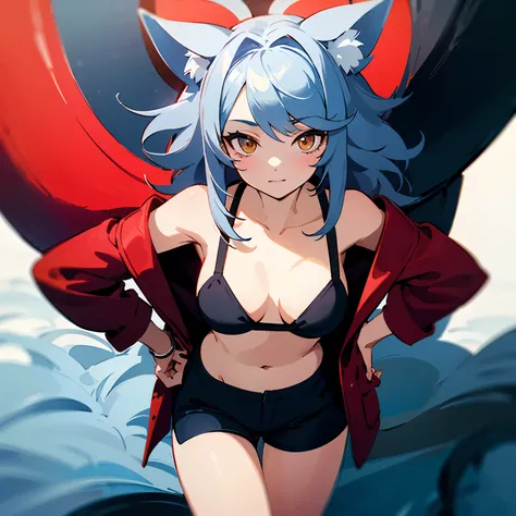 ((best quality)), ((masterpiece)), (detailed), (headshot), 1girl, fox girl with silver hip lenght bedhead hair and black tips wearing black dolphin shorts and revealed white binder instead of bra, red medical jacket