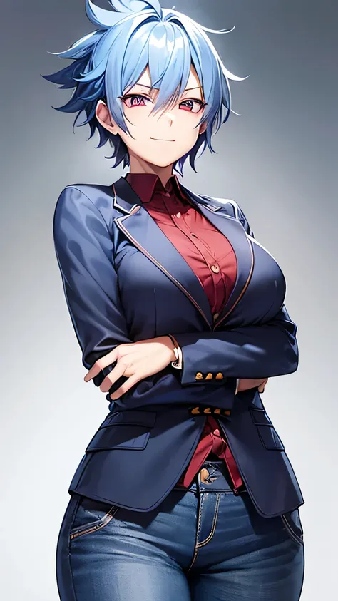 ((1 women)),(((medium breast))),wide jeans,suit jacket,smile, closed mouth,(red cheek),narrowed eyes, jitome ,blue hair,Short hair,spiked hair,hair intakes,(flat color)