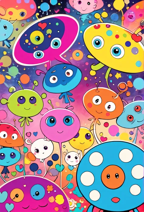 Takashi Murakami colorfull style, Simple Line Initialism，Abstract art, girls, colorful hearts, funny design, (((Cute Aliens))), The background is space