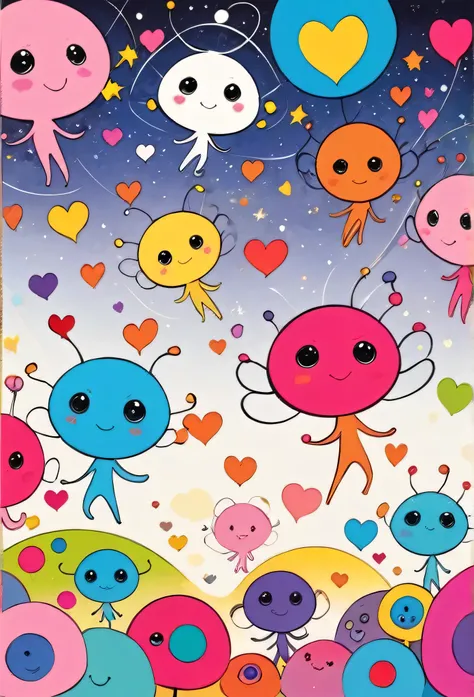 Takashi Murakami colorfull style, Simple Line Initialism，Abstract art, girls, colorful hearts, funny design, (((Cute Aliens))), The background is space