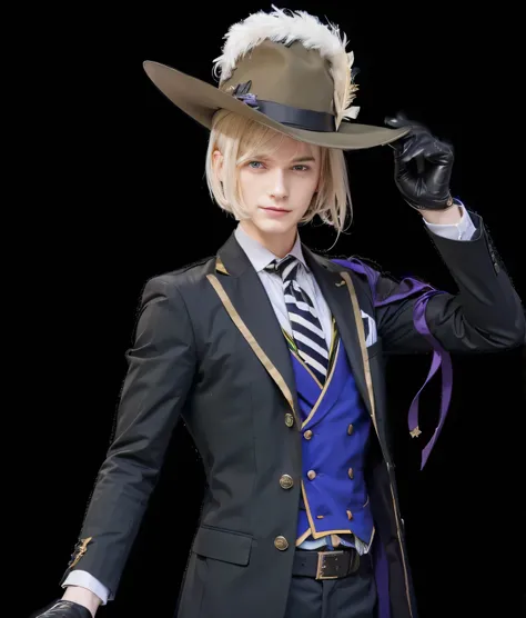 young guy, ((European appearance)), blonde hair, smile, green eyes, a hat with a feather, purple vest, white shirt, striped tie, black jacket, Gold inserts 