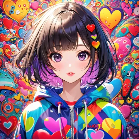 Ultra-realism Mai Yoneyama colorful style, Simple Line Initialism，Abstract art，(((The most beautiful girl of all time))), Sweet face. Lips in love, colorful hearts, stylish design, sports fashion, Dark Eyes, (((Holiday Room))), (((Cute amoeba)))