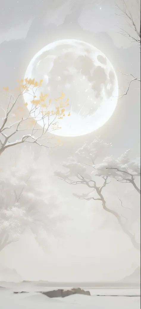 there is a painting of a tree and a moon in the sky, sandy white moon landscape, background art, moon, noon, moon backlight, inspired by Sōami, moonlit backdrop, big white moon background, (ethereal), ethereal lighting - h 0, ethereal mist, moon background...