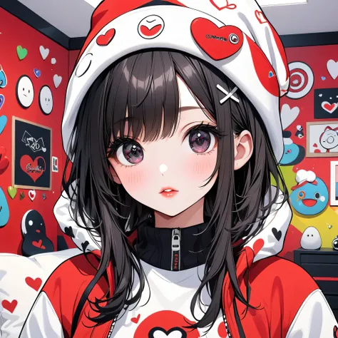 Ultra-realism Black Star Red and White style, Simple Line Initialism，Abstract art，(((The most beautiful girl of all time))), Sweet face. Lips in love, colorful hearts, stylish design, sports fashion, Dark Eyes, (((Holiday Room))), (((Cute amoeba)))