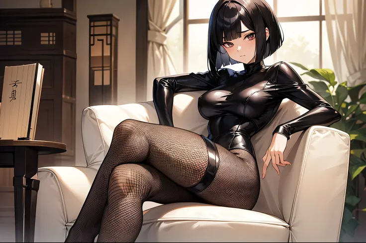 masterpiece　Highest quality　Japanese　1 person　Black hair bob cut　Even bangs　　Beautiful breasts　Double eyelids　Age 25　Beautiful Faces　Beautiful breasts　Glamorous Body　A tight-fitting leather catsuit　Thigh-high boots　Beautiful woman sitting elegantly in a ch...