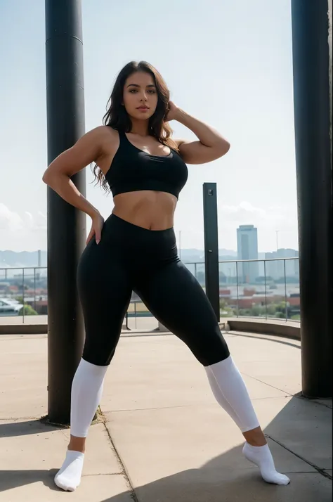 sexy fit brunete in skintight coalblack leggings and white socks, full body shot, skintight crop-top, 1,8 meter tall, seductive ...