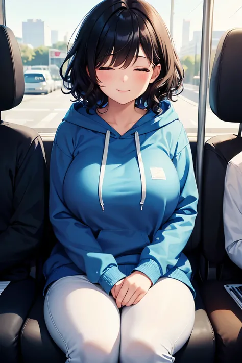 1 girl,teen,Sitting on the bus, there were many people behind her,,,big breast,Blue hoodie, white pants,,,black hair,closed eyes,Sleep, smile,Looking out the car window,short hair, curly hair, messy hair