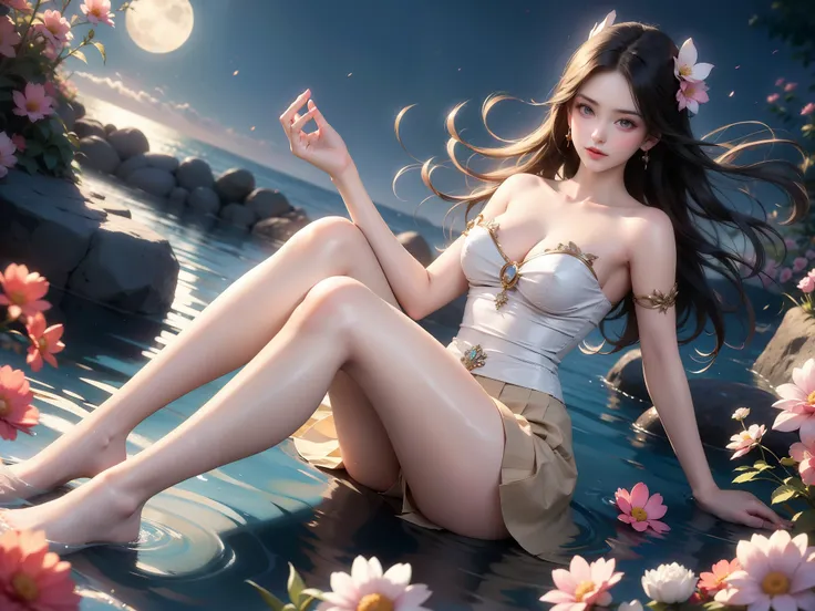 bzsohee , (High quality details), 1 Girl, solo, Young women, Elegant Posture, ((night, moonlight)), (Female figure，Lying in the water naturally，River Water，rock, Relaxed expression), (Focus on natural body posture and correct anatomy:1.3), (Perfect leg pro...