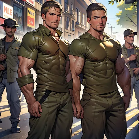 masterpiece , 32k , best quality , detailed face , natural eyes, 1man, mature man, , muscled and hunk, (((stephen amell))) as a military soldier , wearing totally unbuttoned pants , shirtless showing his nipples and muscles , sweating, tight cloth , full ...