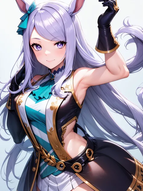 Sleeveless,Armpit Show,((masterpiece), (最high quality)) One girl, Mejiro McQueen, Mejiro McQueen(Umamusume), Silver Hair, Long Hair, Horse's ears, Horse Girl,, gloves, dress, Cleavage, [Bare shoulders, clavicle, white oprea gloves, white gloves, white ...