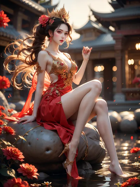 dragon-phoenix gown,  (high quality details), 1 girl, solo, young women, elegant posture, ((night, moonlight)), (female figure，l...