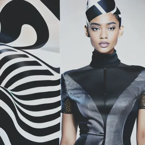 op art fashion, black and white, optical illusion, contoured curves、mimicking fashion models