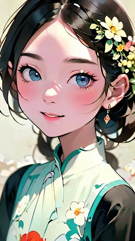 watercolor，little ピンクのvネックのシャツと白いショートパンツを着た漫画の若い女の子, show your teeth and smile big, big and pretty eyes, cute digital painting, ...