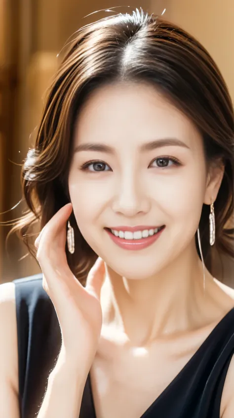 Highest quality,masterpiece,Ultra-high resolution,45Japanese Granny,beautiful,The best smile,Slim figure,gorgeous black dress,Flashy makeup using red eyeshadow,High heels,Curly Hair,big ring earrings,beautifulネックレス,