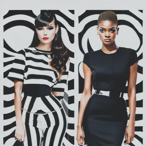 op art fashion, black and white, optical illusion, contoured curves、fashion models with the same pattern