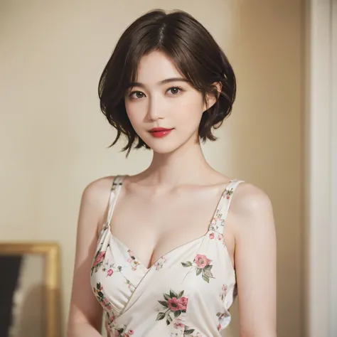 129
([20-year-old woman, Standing), (Ultra-realistic), (High image quality), ((Beautiful Hairstyles 46)), ((short hair:1.46)), (A kind smile), (Busty:1.1), (lipstick), (large room), (Floral), (Picturesque)