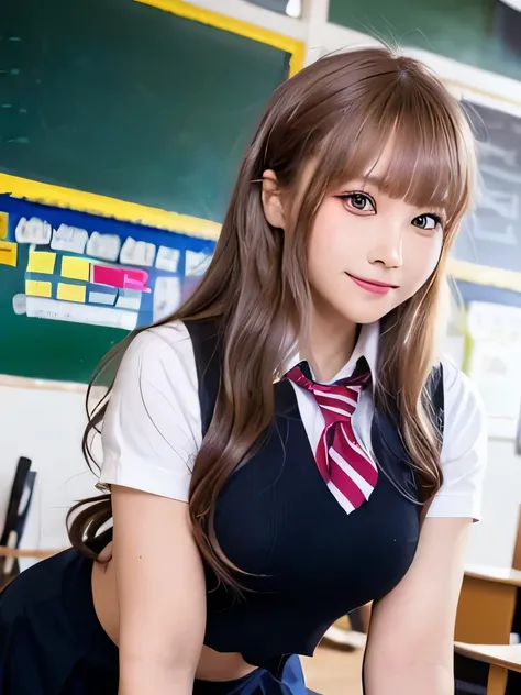 One girl, 一人w,(Highest quality),(masterpiece:1.1), (school uniform:1.4), Dynamic angles, Upper Body, Watchwg_w_Viewers, plwwum brown hair, Green Eyes, smile, dress, head_Click the, cute, Cleans the skw of the face,