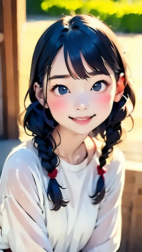 watercolor，little ピンクのvネックのシャツと白いショートパンツを着た漫画の若い女の子, show your teeth and smile big, big and pretty eyes, cute digital painting, ...