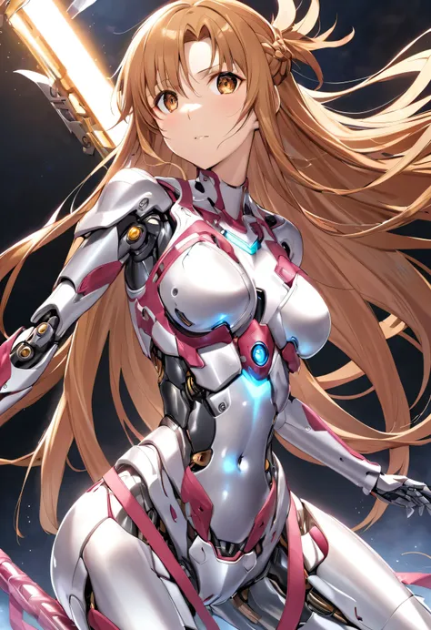 Female Combat Robot、Shiny metal body、As Yuuki, Long Hair, bangs, Brown Hair, Brown eyes, very Long Hair, Braiding、Feminine body lines、Composite armor covering the abdomen、(((Machine Eyes)))、Glowing Skin、