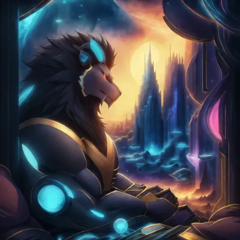 official art, full body view, male, good looking, majestic beast, dark sienna brown fur, black mane, leonhard, muscular body, cr...