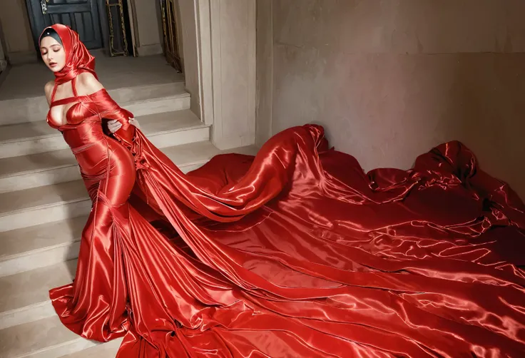 A woman shrouded in a 7-meter-long, plush red transparent satin shimmer cloth, slim body with big breast, tightly bound and grandly draping along the form of her body, flowing off into a pooled floor-length train and poof style on bottom, styled in a merma...