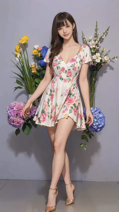 ((masterpiece)),(((Highest quality))),Beautiful thighs,Long legs,Slim figure:1.5，whole body:1.5，(One Girl:1.3),(Viewer Display:1.4)，(High heels :1.3)，(Wearing a floral dress:1.2)、 Blonde curly hair:1.4，The best smile:1.5