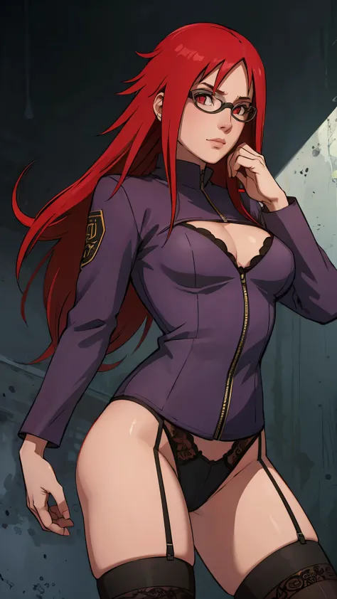 Wearing lingerie glasses red eyes red hair 