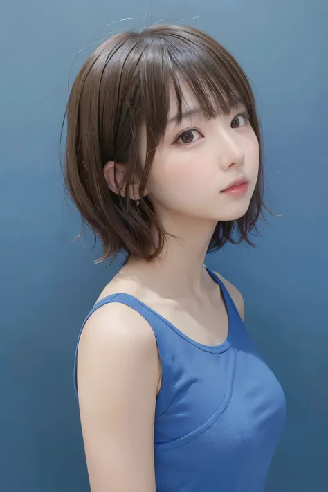 ｍMasterpiece, Highest quality, One girl, profile, A stunning face, Blue Background】, Blurred, Swollen eyes, short hair, Upper Body