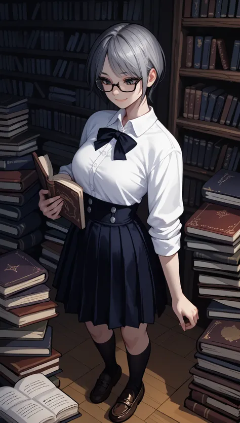 (zPDXL2), (PonyXLV6_Scores), source_anime, Expressiveh, 

(Simple and clean style),(masterpiece), 8k wallpaper, illustration,1 girl, (solo),(La Pluma), (black short hair), ribbon,(glasses), standing, reading book, in library, (look at book), (bookshelf), (...