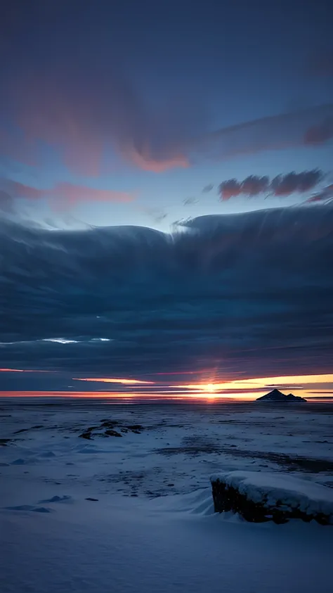 Arctic tundra in the pale light of Arctic twilight. Vast desolate scenery, Endless snow and ice fields. The sky is deep indigo, The faint glow of the Northern Lights illuminates the horizon. Icebergs visible in the distance, Floating on the frozen sea. col...