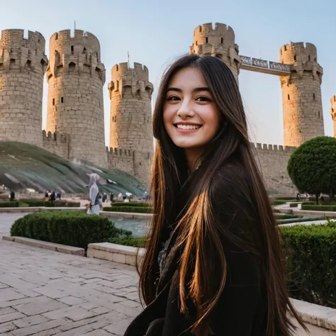 Picture of a 1, beautiful, sweet brunette girl with long hair, black eyebrows, black eyes and smiling posing next to the three towers of Baku city