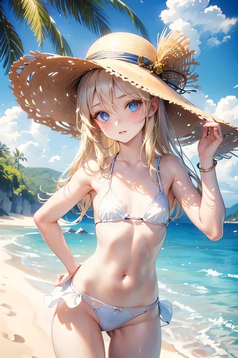 masterpiece,Highest quality,Very detailed,beautiful girl, teenager,Straw hat,White sand beach,,Small breasts,Narrow waist,Straight blonde hair,Perfect Blue Eyes,Very cute,Active pose