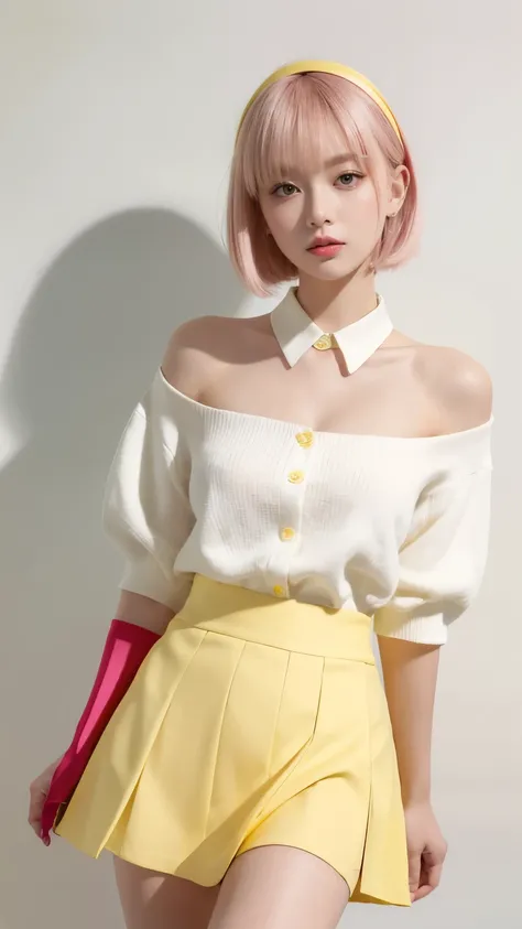 (8k, RAW Photos, Highest quality, masterpiece: 1.2), Very detailed, Super Resolution, (Genuine, Genuine photos: 1.37),  mini skirt，White blouse，yellow collar，Yellow tie，Yellow tube top，((Dark pink bob))，Half yellow and half pink&Half-collar skirt，Yellow be...