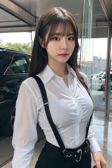 a woman in a suit, belt, hands behind back, sweating, suspenders, black pants, large breasts, see-through clothing, rain, detective, office worker, white button-up shirt, (best quality,4K,8k,highres,masterpiece:1.2),ultra-detailed,(realistic,photorealistic...