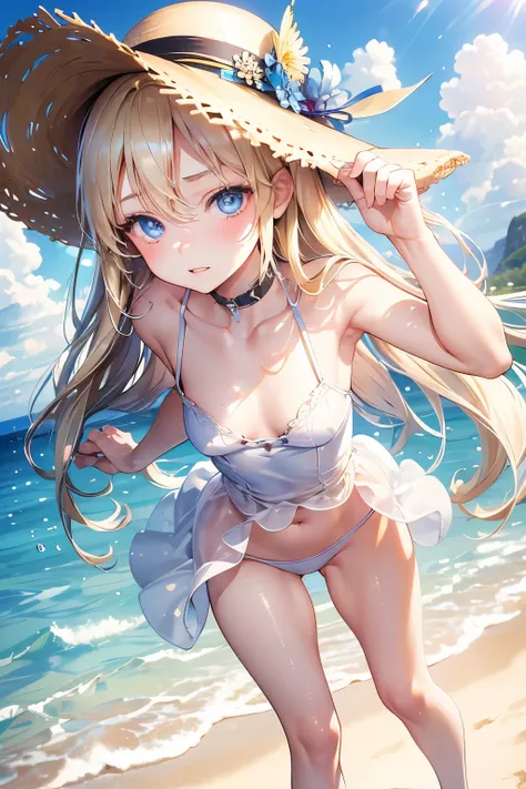 masterpiece,Highest quality,Very detailed,beautiful girl, teenager,Straw hat,White sand beach,,Small breasts,Narrow waist,Straight blonde hair,Perfect Blue Eyes,Very cute,Active pose