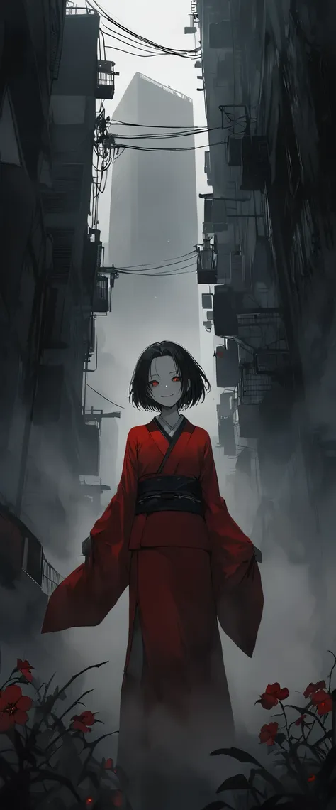 red silk kimono。in the fogの美しさ,in the fog。black belt。smile。black short hair。amount,foggy sky。 looking towards the audience。beaut...