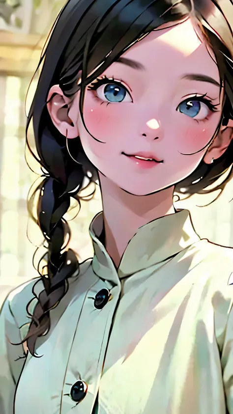 watercolor，little ピンクのvネックのシャツと白いショートパンツを着た漫画の若い女の子, show your teeth and smile big, big and pretty eyes, cute digital painting, ...