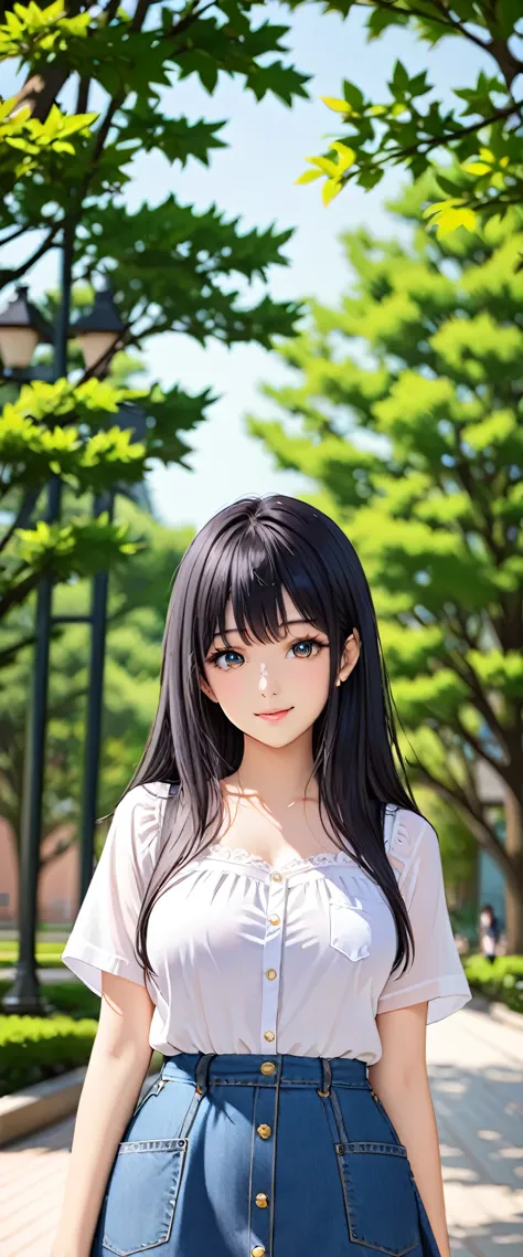 1 female、One person、Beautiful black hair、Long hair down to the shoulders、Kind eyes、(smile)、(Blouse with short sleeves)、(Denim skirt)、((simple))、(Beautiful breasts)、clear、serious、sincerity、(University campus)