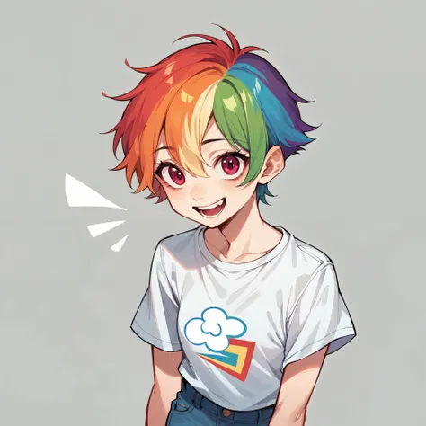 Young woman. rainbow hair. short hair. White T-shirt. cheerful face. jeans. on a monotonous background. 