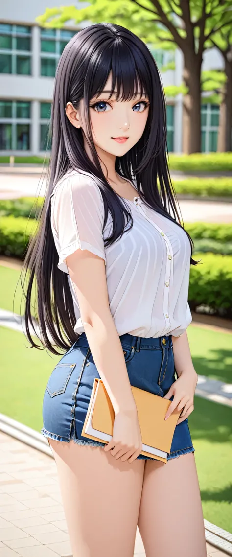 1 female、One person、Beautiful black hair、Long hair down to the shoulders、Kind eyes、(smile)、(Blouse with short sleeves)、(Denim skirt)、((simple))、(Beautiful breasts)、clear、serious、sincerity、(University campus)