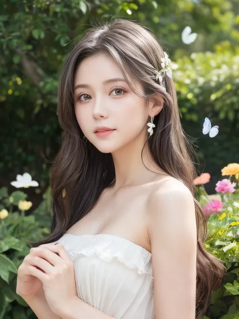 (Girl: 1.5), race, Click the, (masterpiece, Side light, delicate and beautiful gray eyes: 1.2), masterpiece, Realistic, Shining Eyes, Shiny Hair, Black Hair, Long Hair, Glowing Skin, alone, awkward, Strapless, delicate, beautiful, garden, Flowers, Flutteri...