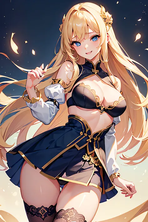 sexy、medium breasts, Illustrations、(Beautiful blonde hair、Smiling、skirt, 8K resolution、intricate clothing、Intricate details、1girll、Solo、a blond、Standing、a miniskirt、bra, Detailed panties、heart cleavage cutout、bent over, view down shirt, breasts focus, clea...