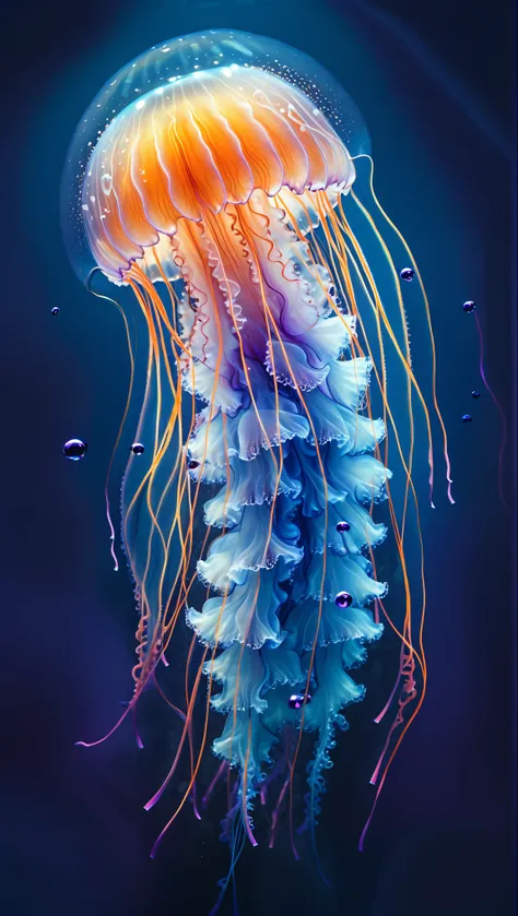 a "realistic" digital artwork depicting an ethereal jellyfish set against a deep navy blue underwater background, creating a mys...