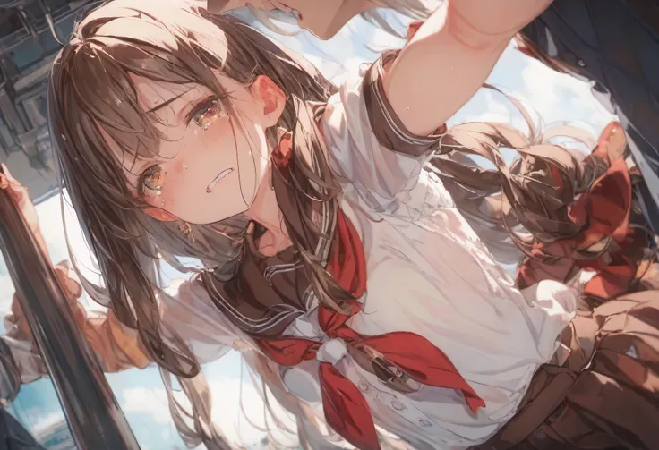 Ultra high definition、Anatomically correct、whole body、Sailor suit、Brown scarf、One refreshing older sister、Japanese、Straight long hair、Soft dark brown hair、Braiding、Disheveled Hair、bangs、 Small breasts、White skin、Girl looking down and closing her eyes、Hold ...