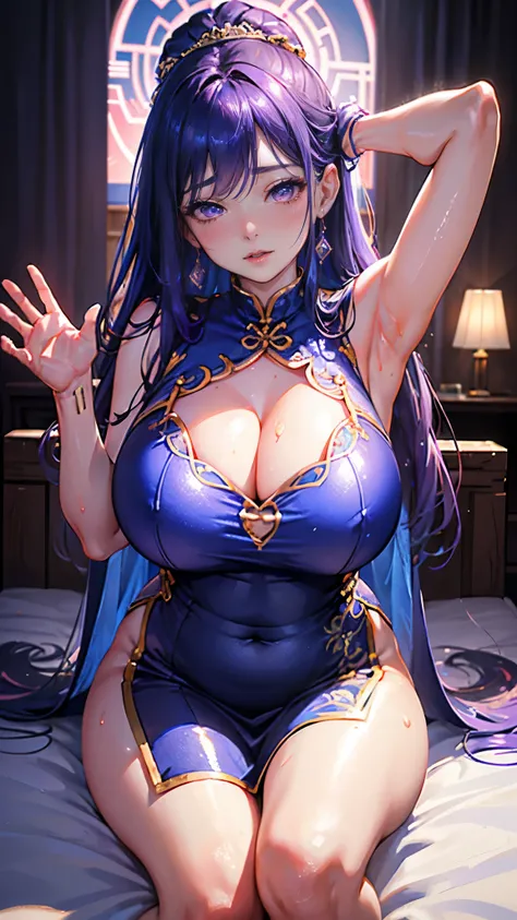 Shiny metallic blue china long dress　Chinese Idol　Purple Hair　Red lips　Chaiborg　Mature Woman　Sexy look　cute　Chubby　Plump　Huge boobs　On the bed　Photorealistic　Sweaty　Flowing sweat　Skin shiny with sweat　Beautiful armpits　Raise your hands above your head　Woma...