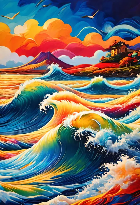 masterpiece, best composition, dynamic composition, painting of waves in bright red and blue sky, amazing wallpaper, waves of energy, inspired Cyril Roland, beautiful digital art, breathtaking digital art, beautiful digital artwork, very beautiful digital ...