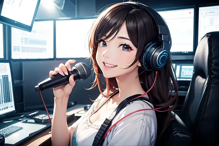 Women aspiring to be voice actors、Wearing headphones、Recording into a microphone、Recording Studio、Motivated look、diagonal、Bright image、Work hard towards your dreams、fun、smile