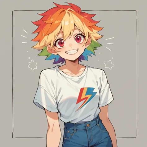 Young woman. rainbow hair. short hair. White T-shirt. cheerful face. jeans. on a monotonous background. 