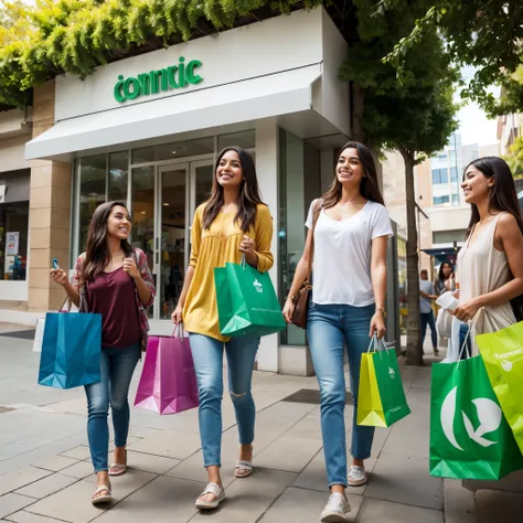 Create an ultra-realistic image of Brazilian customers exiting a modern retail store, carrying eco-friendly reusable bags with visible custom logos. The background should show a clean, urban environment with trees and natural elements., symbolizing the mix...