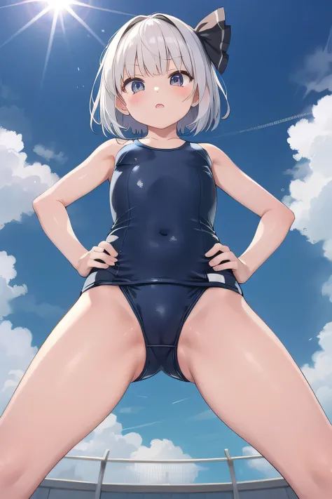 Youmu,School swimsuit 、Standing with hands on hips、Spread your legs wide、Taken from below、